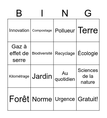 Vocabulaire de l'écologie Bingo Card