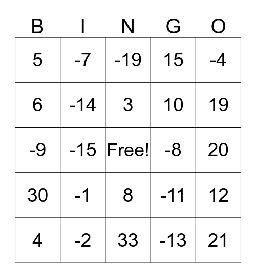Addition of Integers  Bingo Card