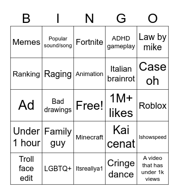 YouTube shorts bingo Card