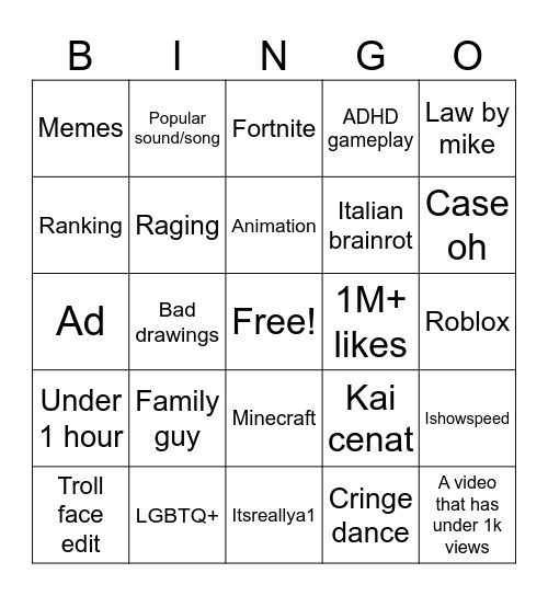 YouTube shorts bingo Card