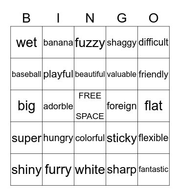 Adjective Bingo  Bingo Card