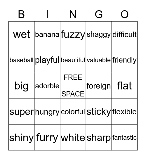 Adjective Bingo  Bingo Card