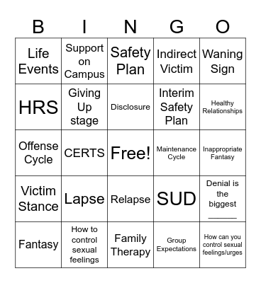 Relapse Prevention Bingo Card