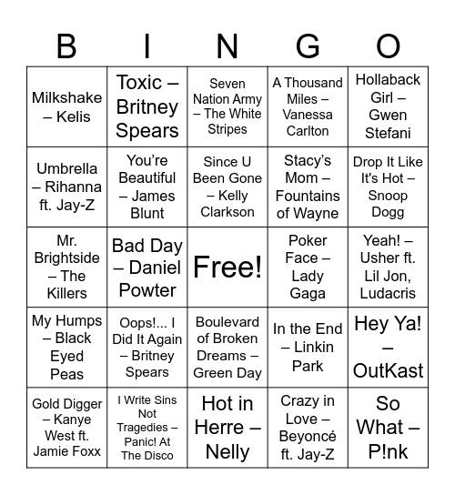 2000s Music Bingo Card