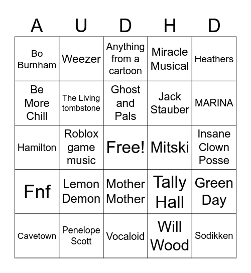 Silly Playlist Bingo Card