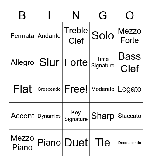 Music Vocabulary Bingo Card