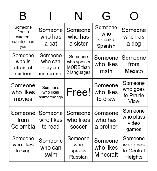 Get to Know Me Bingo Card