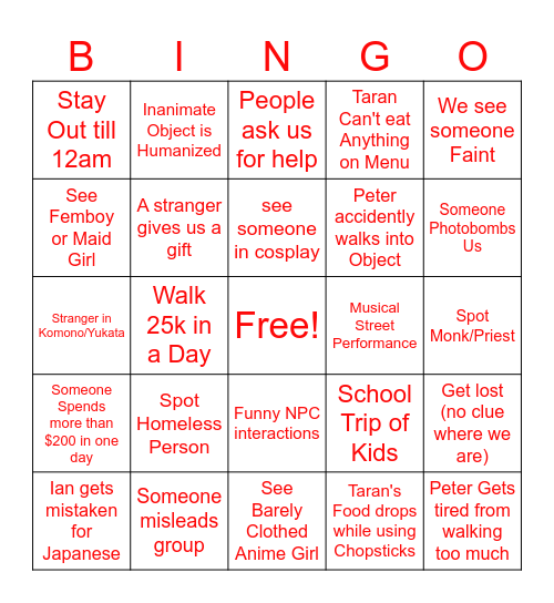Japan Bingo Card