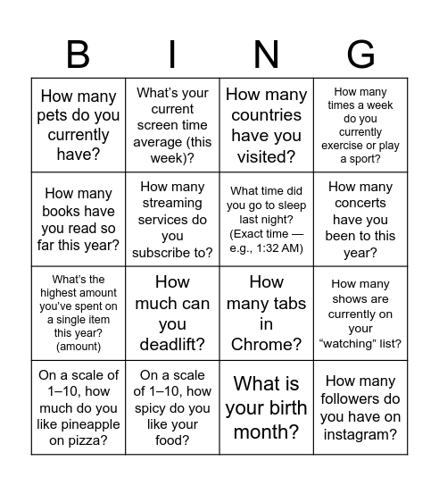 Line-up Bingo Card