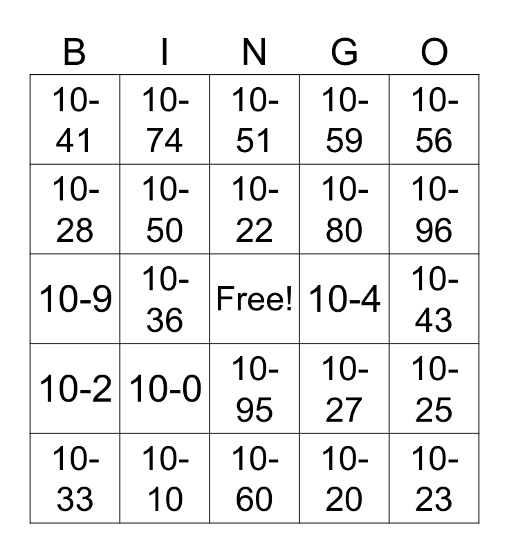 10 CODE BINGO Card