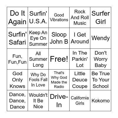 The Beach Boys Bingo Card