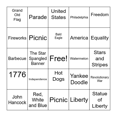 Fourth of July Bingo Card