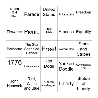 Fourth of July Bingo Card