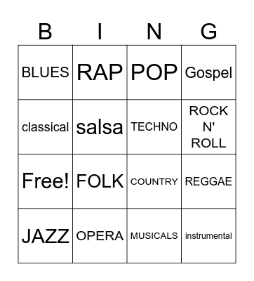 MUSIC GENRE BINGO! Bingo Card