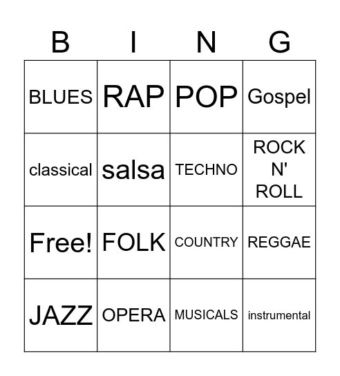 MUSIC GENRE BINGO! Bingo Card