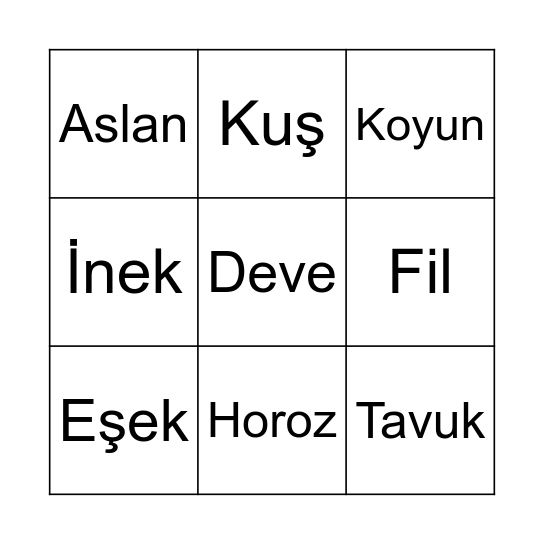 Hayvanlar Bingo Card