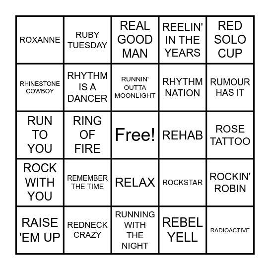 SONGS THAT START WITH R Bingo Card