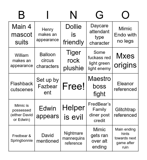 Secret of the Mimic Bingo Card