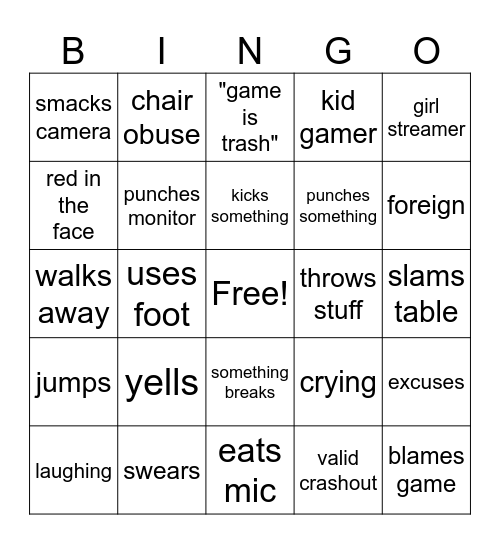gamer rage bingo Card