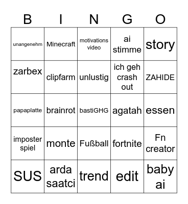 Tik tok bingo Card