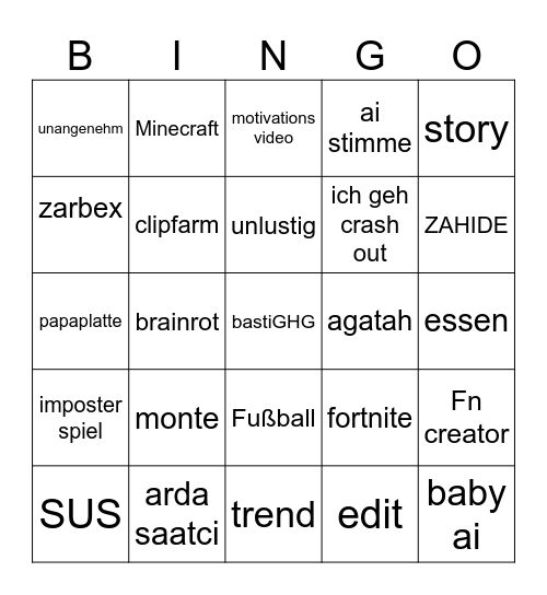 Tik tok bingo Card