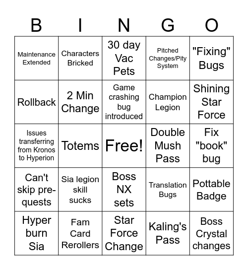 Maple 6/10 Patch Notes Bingo Card