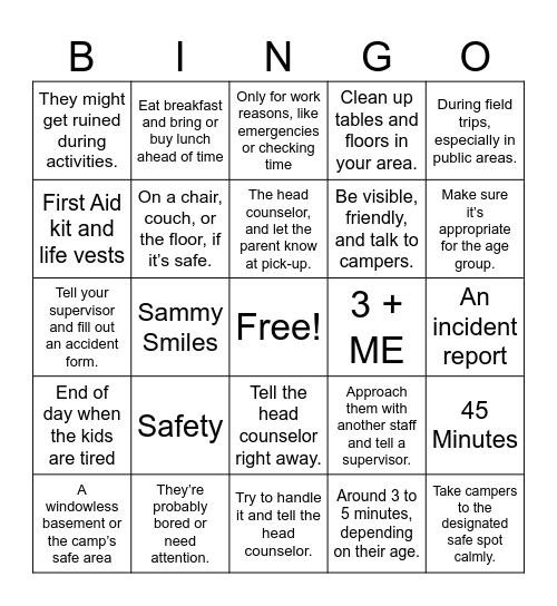 Summer Camp Bingo Card