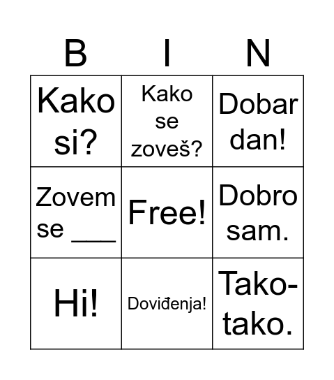 Basic Croatian Greetings Bingo Card