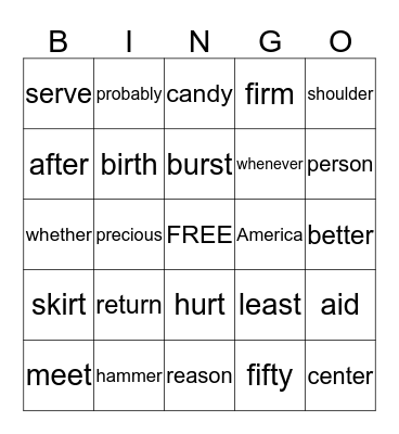 Week 8 Spelling Words Bingo Card