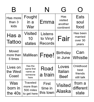 Generational/Ancestry Bingo Card