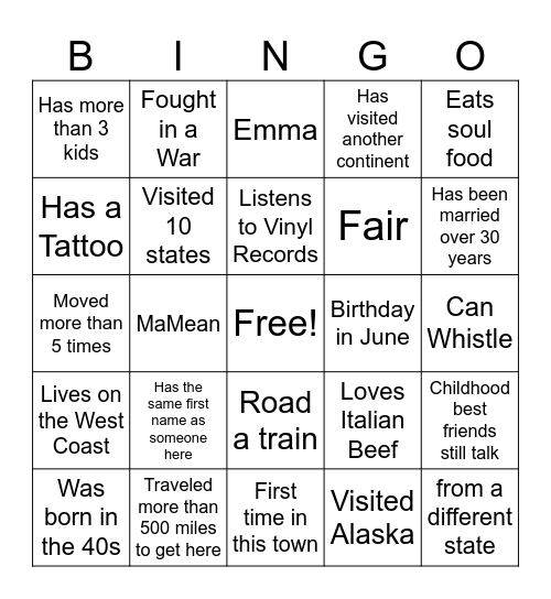 Generational/Ancestry Bingo Card