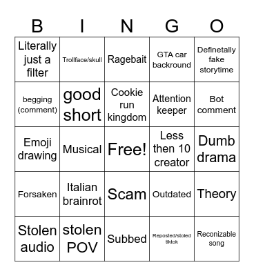 Shorts bingo Card