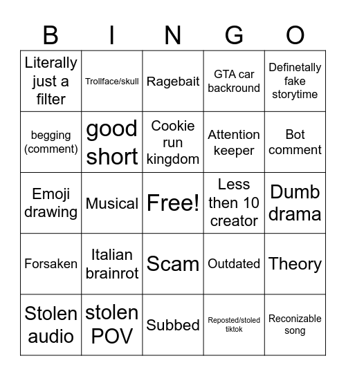 Shorts bingo Card