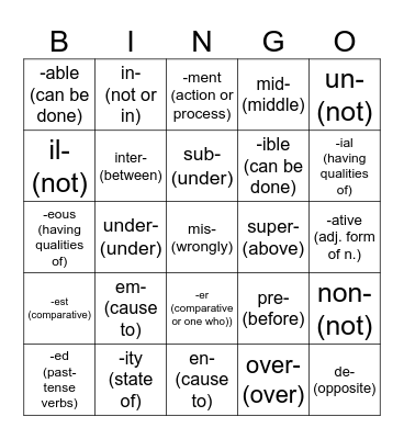 Prefix/Suffix: Most Common Bingo Card