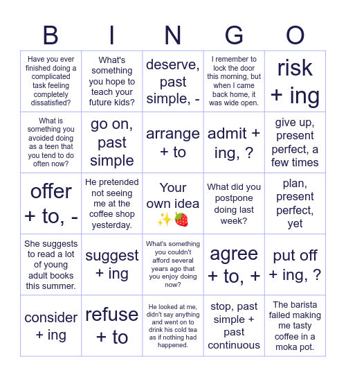 Verbs Verbs Verbs Bingo Card