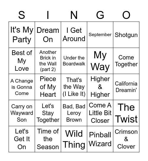 60's and 70's Hits Bingo Card
