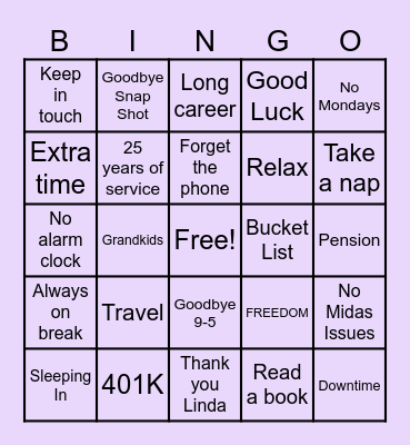 Happy Retirement Linda! Bingo Card