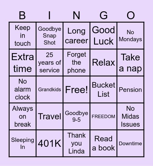Happy Retirement Linda! Bingo Card