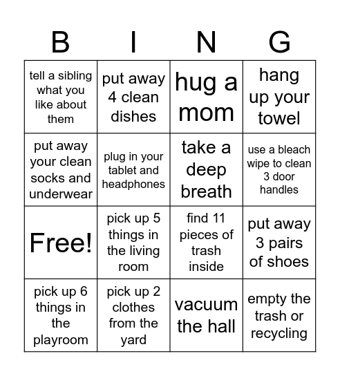 Chore-go Bingo Card