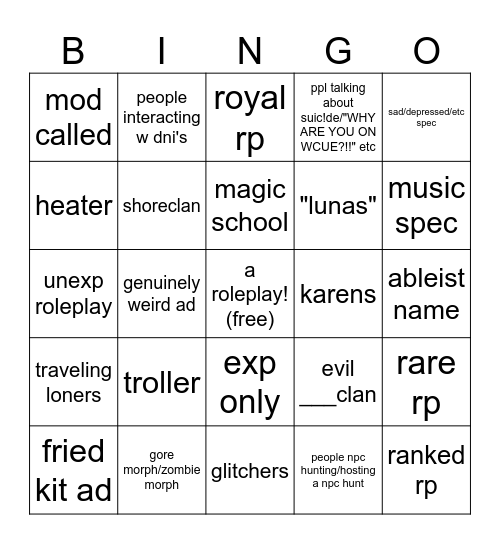 Wcue Public Server Bingo Card