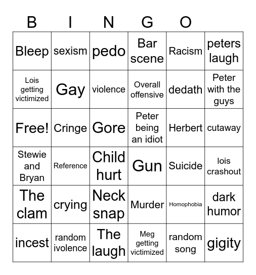 Family Guy Bingo Card
