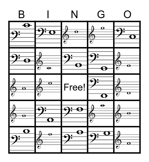 Bass - Treble Clefs Bingo Card