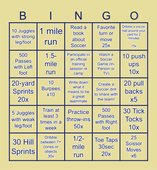 HFC 15/16 Summer Soccer Bingo Card