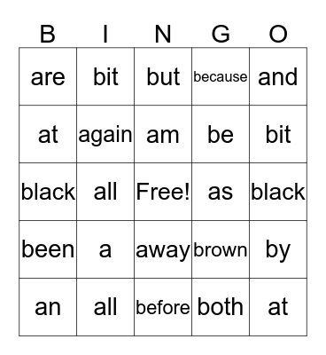 A-B Sight Words Bingo Card