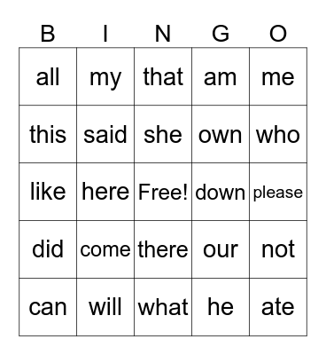 5AR Heart word Bingo Card