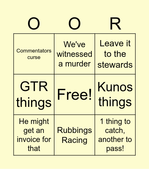 OOR Broadcast Bingo Card