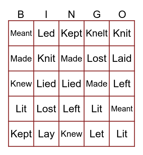 Verbos irregulares do passado simples Bingo Card