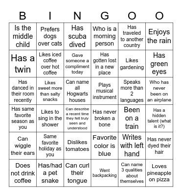 Getting To Know Each Other Bingo Card