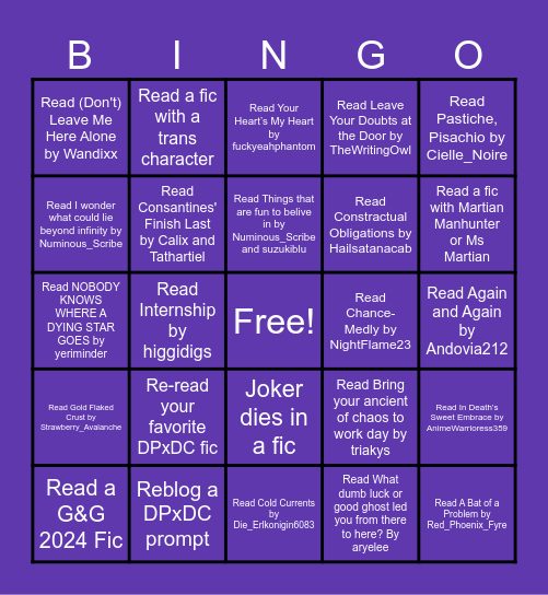Ghouls & Gangs DPxDC Bingo Card