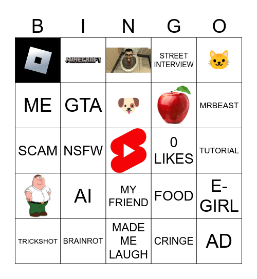 YouTube Shorts Bingo Card
